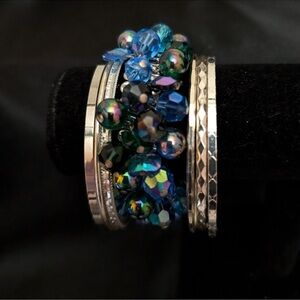 VINTAGE Silver Bangles and AB Beaded Strech Bracelet Set